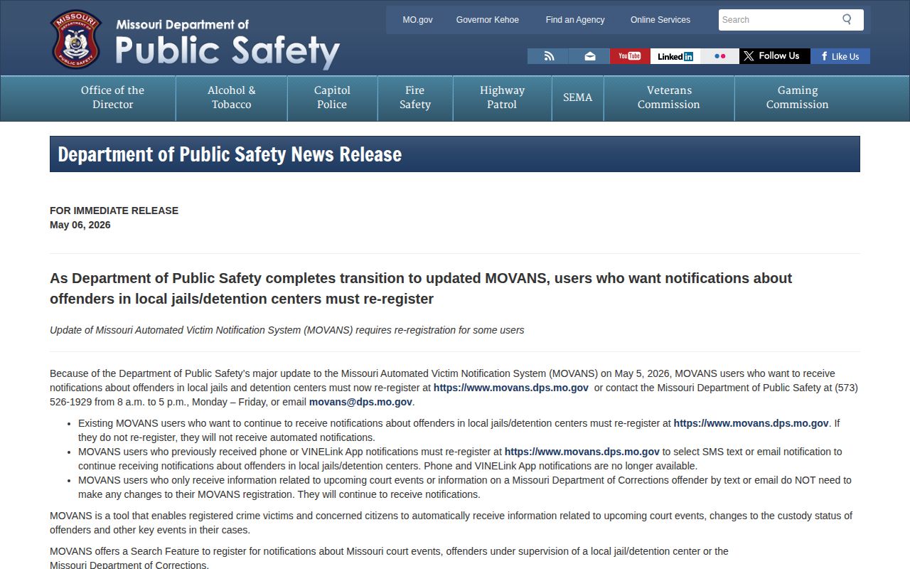 Missouri May 2026 MOVANS policy notice for Carter County alerts