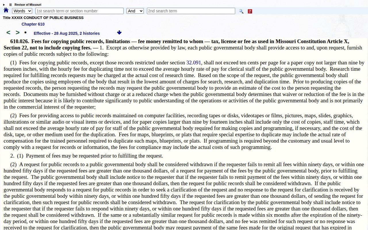 Missouri public records fee statute